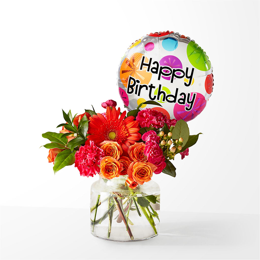 Fiesta Bouquet with Birthday Balloon – COCO'S FLOWER BAR, Mckinney TX