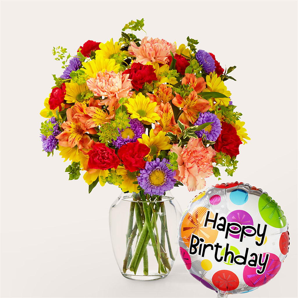 Kaleidoscope Bouquet with Birthday Balloon – COCO'S FLOWER BAR, Mckinney TX
