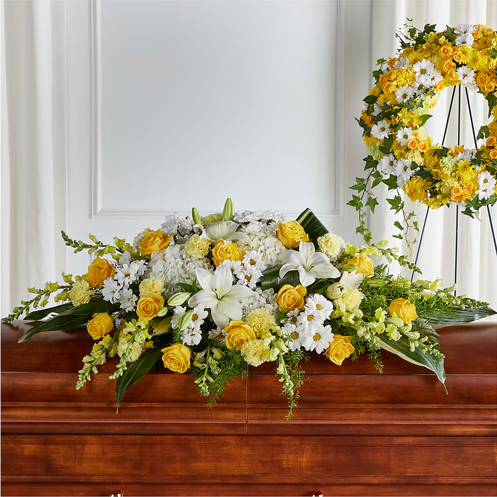 Golden Harmony Casket Spray – COCO'S FLOWER BAR, Mckinney TX