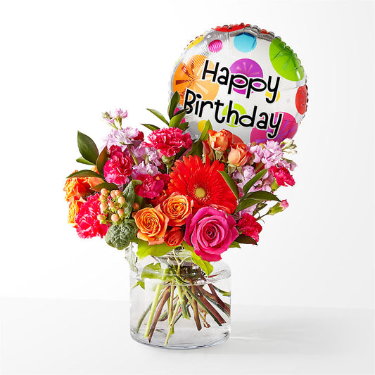 Fiesta Bouquet with Birthday Balloon – COCO'S FLOWER BAR, Mckinney TX