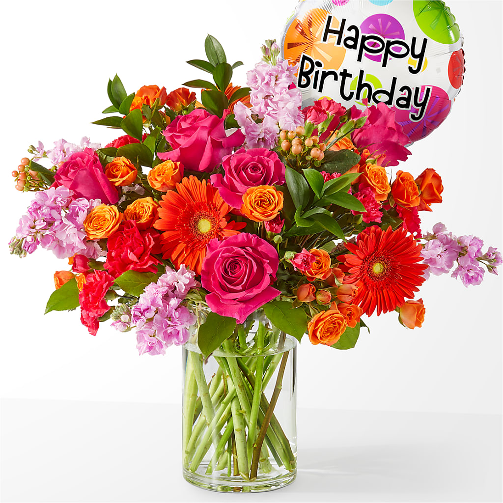 Fiesta Bouquet with Birthday Balloon – COCO'S FLOWER BAR, Mckinney TX