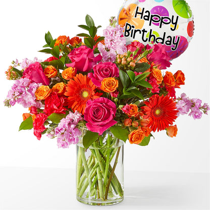 Fiesta Bouquet with Birthday Balloon – COCO'S FLOWER BAR, Mckinney TX