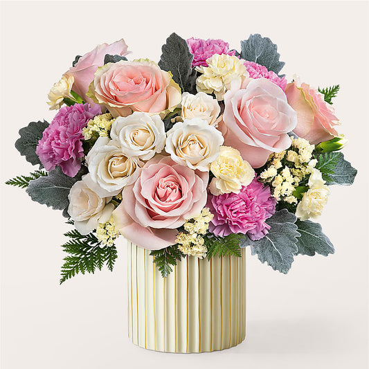 Blissful Moments Bouquet with Ivory Vase – COCO'S FLOWER BAR, Mckinney TX
