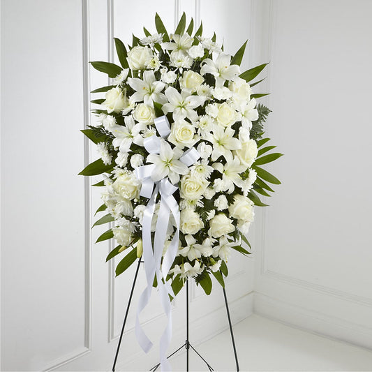 Exquisite Tribute Standing Spray-White Ribbon – COCO'S FLOWER BAR, Mckinney TX