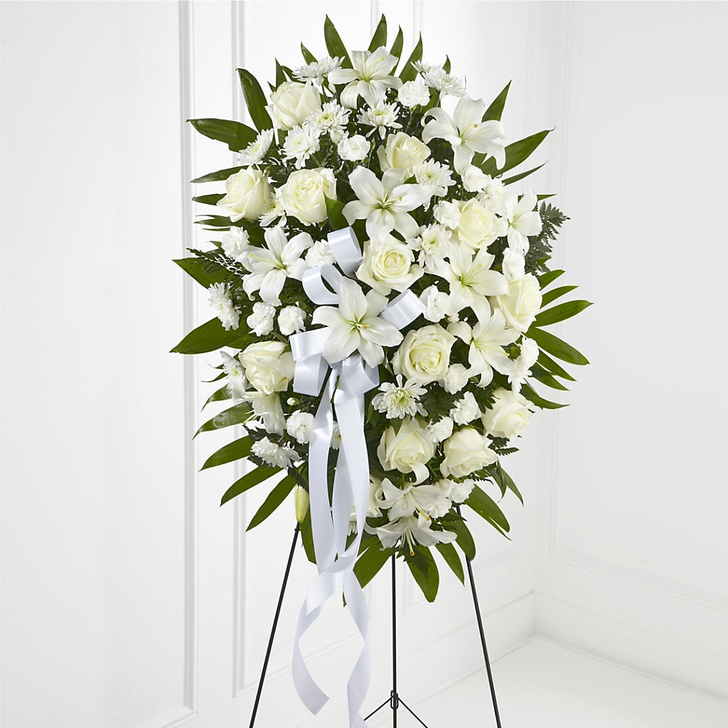 Exquisite Tribute Standing Spray-White Ribbon – COCO'S FLOWER BAR, Mckinney TX