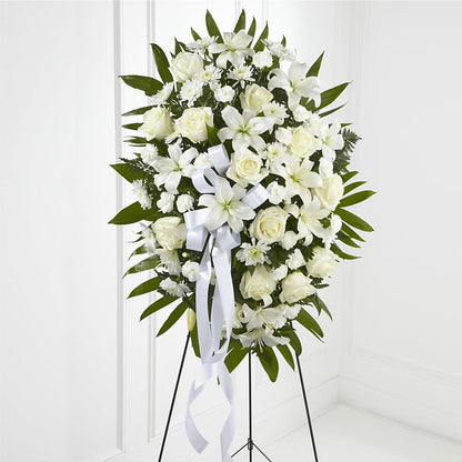 Exquisite Tribute Standing Spray-White Ribbon – COCO'S FLOWER BAR, Mckinney TX