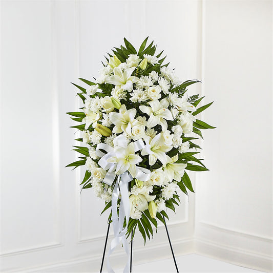 Exquisite Tribute Standing Spray-White Ribbon – COCO'S FLOWER BAR, Mckinney TX