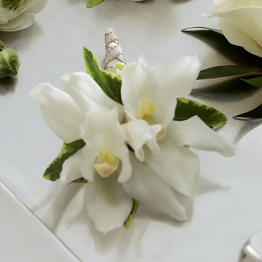 White Mini Cymbidium Boutonniere – COCO'S FLOWER BAR, Mckinney TX